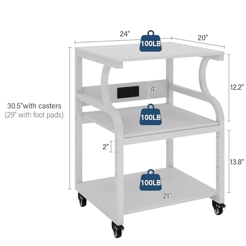 Natwind Large Printer Stand, 24''x20''x29'' Printer Table with Adjustable Storage Shelf, 3 Tier Rolling Cart with Wheels, Multifunctional Home Office Shelves for Heat Press, 3D Printer (White)