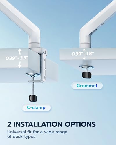 ARES WING Heavy Duty Single Monitor Arm - Fully Adjustable Monitor Mount for 17"-40" Ultrawide Screens up to 26.4 lbs with Clamp/Grommet Desk Mount, 75/100 Vesa Mount, White