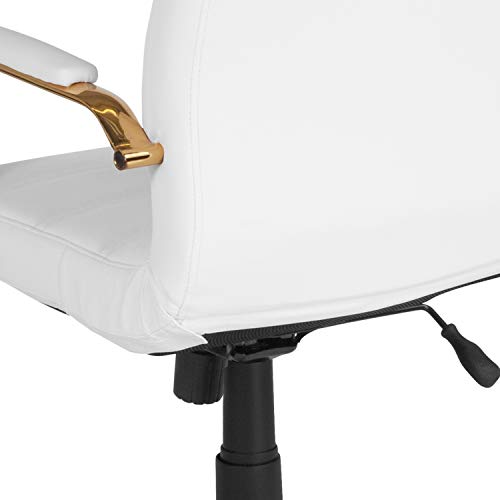 Flash Furniture Whitney Mid-Back Swivel LeatherSoft Desk Chair with Padded Seat and Armrests, Adjustable Height Padded Office Chair, White/Gold