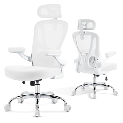 shipborne Office Chair Ergonomic Office Chair with Lumbar Support, Head Support, Rocking Function, FLIP-up Armrests, Mesh High Back Chair Home Office Desk Chair, Suitable for Home, Office, White