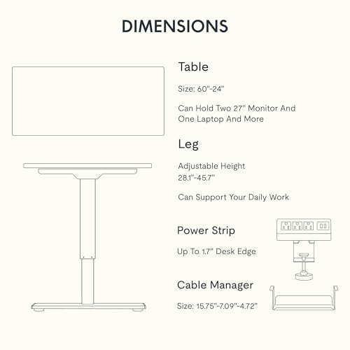 FLEXISPOT EN2 Whole-Piece Standing Desk with Clamp Power Strip, 60 x 24 Electric Stand Up Height Adjustable Desk with Cable Management (White Frame + 60" White Desktop, 2 Packages)