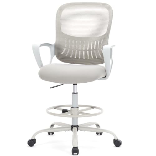 DUMOS Drafting Chair - Ergonomic Tall Office for Standing Desk, Counter with Height Adjustable and Comfortable Lumbar Support, Fixed Armrests, Grey