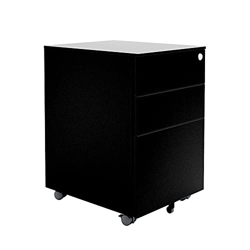 Vari Essential File Cabinet - Home Office Filing Cabinet with Three Drawers for Storage - Metal Storage Cabinet with Roll-and-Lock Caster Wheels & Lockable Top Drawer - Fully Assembled (Black)