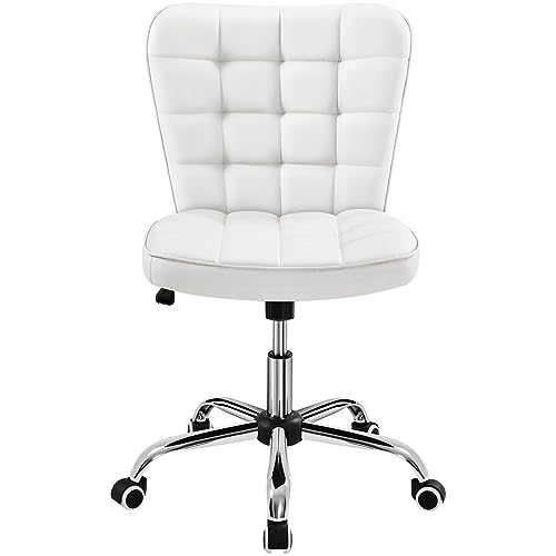 Yaheetech Armless Desk Chair Modern Tufted Office Chair Faux Leather Upholstered Computer Chair with Adjustable Seat Height and Rolling Wheels for Home/Office, White