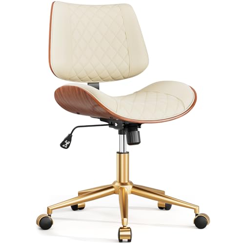 FervorFurn Home Office Desk Chair with Swivel Wheels, Modern PU Leather Armless Office Chair, Small Mid Back Computer Chair for Home Office, Reading Meeting Room (Beige, Gold Wheels)