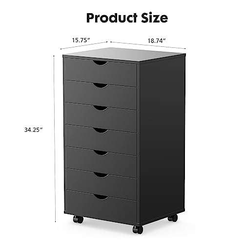 OLIXIS 7 Drawer Mobile File Cabinet Under Desk Storage Organization with Wheels Vertical Filing Chest Rolling Wood Small Desk Printer Stand for Home Office, 15.75"D x 18.74"W x 34.25"H, Black