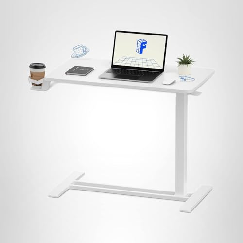 FLEXISPOT H7 Adjustable Overbed Bedside Table with Wheels Pneumatic Mobile Standing Laptop Desk Rolling Computer Cart Movable Overbed Table Hospital Home Use (31.5" W x 17.7" D, White Large)