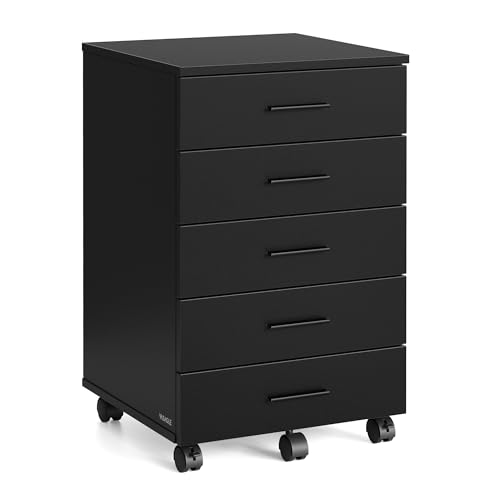 VASAGLE Custos Collection - File Cabinet, Mobile Pedestal Filing Cabinet with Wheels, Printer Stand with 5 Drawers, Tool-Free Sliding Rails, for Study, Home Office, Ink Black UOFC081BC01S
