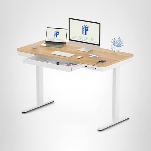 FLEXISPOT Comhar Electric Standing Desk with Drawers Charging USB Port, Height Adjustable 48" Whole-Piece Quick Install Home Office Computer Laptop Table with Storage (Maple Top + White Frame)