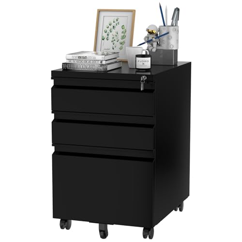 FLEXISPOT 3-Drawer Metal Mobile Filing Cabinet for Home Office - Under Desk Storage with Lock Keys - Legal/Letter/A4 File Organizer - Fully Assembled Except Wheels - Black