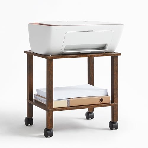 YUFAM 2 Tier Printer Stand with Storage,Under Desk Shelf Printer Table, Rolling Printer Cart for Office,Home,Brown
