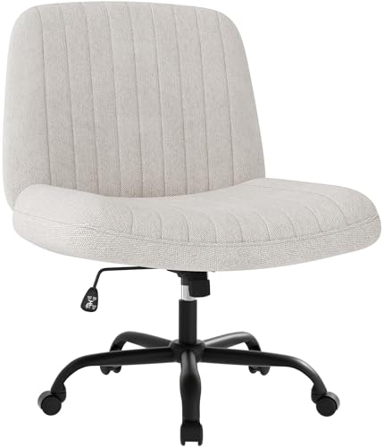 Shintenchi Criss Cross Chair,Cross Legged Office Seat with Wheels Armless Swivel Vanity Chair,Height Adjustable Wide Computer Task Seating for Home Office,Beige