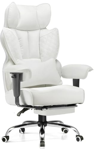 GTPLAYER Big and Tall Gaming Chair 400lbs Heavy Duty Office Chair with Foot Rest & Ergonomic Pocket Spring Lumbar Support, High Back Executive Computer Desk Chair for Lower Back Pain Relief, White