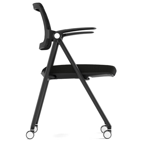 FYLICA Stackable & Foldable Office Chair Set of 2, Folding Desk Chair with Flip-Up Armrest, Breathable Mesh, Thick Seat Cushion & Rocking Backrest, Conference Room Chair with Wheel (Black)