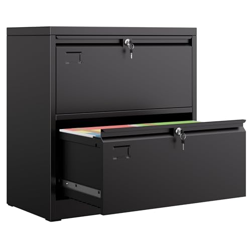 METAN 2 Drawer Lateral File Cabinet with Lock, Black Metal Lateral Filing Cabinet for Home Office, Steel Wide Filing Cabinet Legal/Letter/A4, 28.82" W x 15.75" D x 30.24" H, Assembly Required