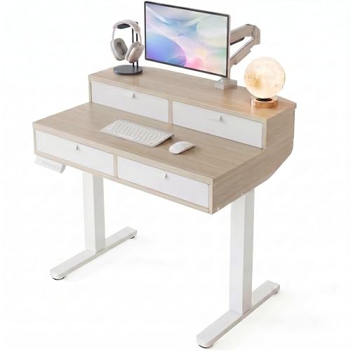 HUANUO 32 X 20 inch Electric Standing Desk with 4 Drawers, Adjustable Height Sit Stand Home Office Desk, C-Clamp Mount Compatible, Ergonomic Stand up Desk with 4 Preset Heights, Natural
