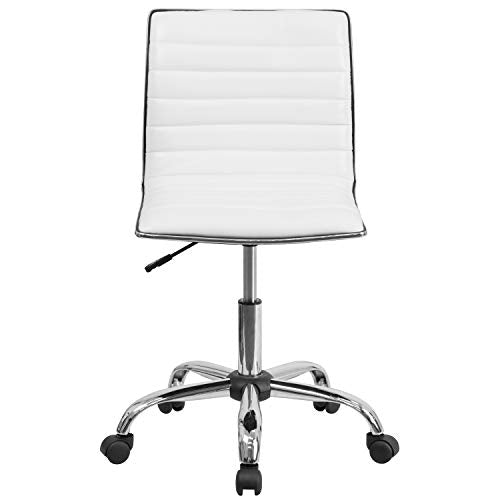 Flash Furniture Alan Low-Back Ribbed Upholstered Vinyl Swivel Desk Chair with Padded Seat, Modern Adjustable Height Padded Office Chair, White