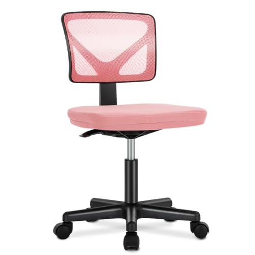 Sweetcrispy Small Desk Chair, Ergonomic Low-Back Mesh Rolling Work Swivel Chairs with Wheels, Armless Comfortable Seat Lumbar Support for Home, Bedroom, Study, Student, Adults,Classic Pink