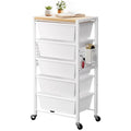 Rolling Cart with 5 Drawers, Plastic Drawer Storage Carts with Wheels & Wooden Tabletop, Metal Utility Cart with Pegboards, Office Living Room Classroom Craft Organization and Storage, Bright White