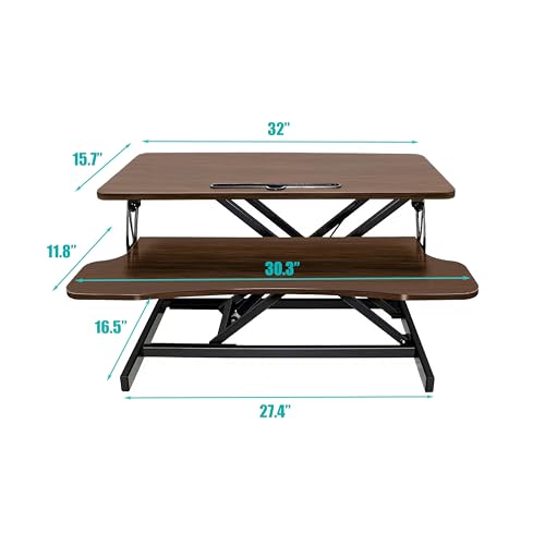 GOAWGO Standing Desk Converter, 32 Inch Wide, Height Adjustable Sit to Stand Workstation Riser, Dual Monitor with Wide Keyboard Tray for Home Office (Walnut)