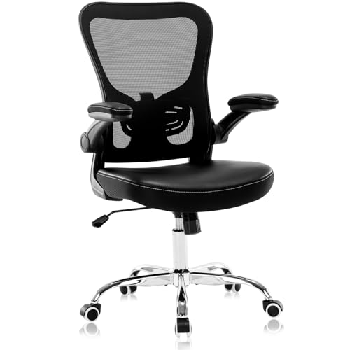 Office Chair, Mesh Ergonomic Desk Computer Chair with PU Leather Flip-up Armrest, Home Task Chair with Lumbar Support, Adjustable Executive Mid Back, Rolling Swivel,Black