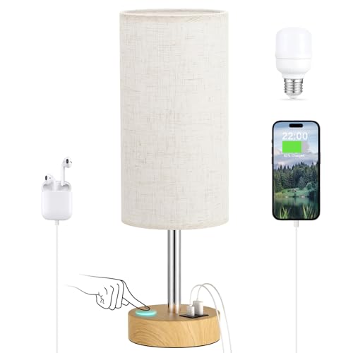 Dicoool Touch Bedside Table Lamp with USB - 3 Way Dimmable Wood Lamp for Bedroom Nightstand, Desk Lamp with Charging Station for Dorm, Living Room, Office, Kids Room, Small, 14in