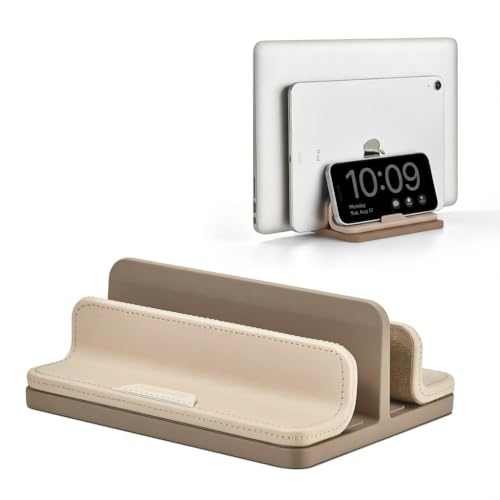 Dual Vertical Laptop Stand, 3 in 1 Upright Desktop Stand Holder with Adjustable Dock (Up to 17.3''), Leather Laptop Rack Storage Desk Organizer for Phone, Tablet, MacBook/HP/Dell/Chrome Book (Apricot)