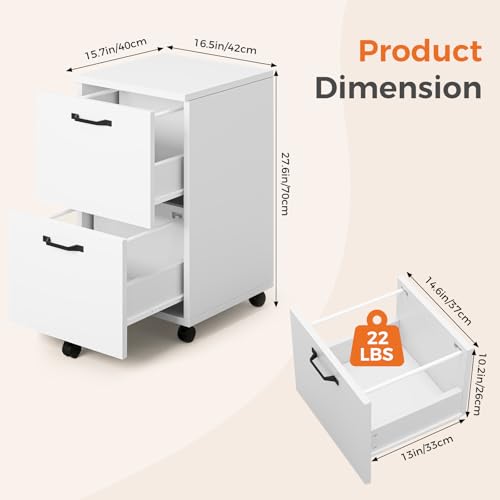 Sweetcrispy 2 Drawer Filing Cabinet White, Rolling Wood File Cabinets, Home Office Organizer, Under Desk Storage Lockable Wheels, Printer Stand, Storage Cabinet, White