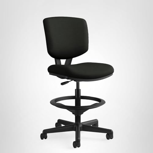 HON Volt Standing Desk Chair with Bonded Leather Seat and Back, Armless Ergonomic Task Stool with Adjustable Footring and Center‑Tilt Recline for Sit‑Stand Workstations, Black