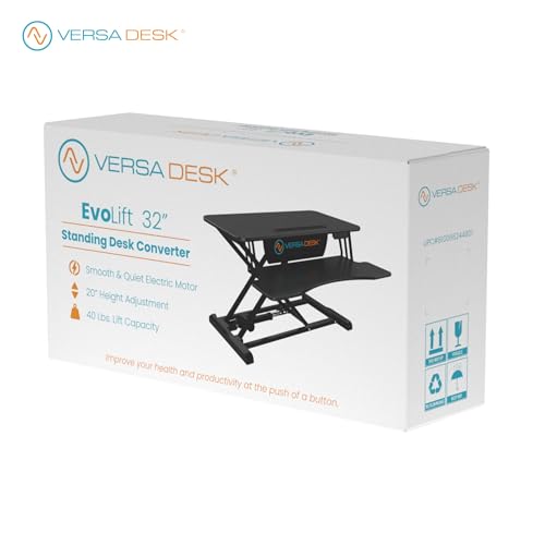 VERSADESK EvoLift 32" Electric Standing Desk Converter, Sit to Stand Motorized Desk Riser, 1-Button Easy Lift, Dual Monitor Workstation, Wide Keyboard Tray, Built-in Device Stand, Black