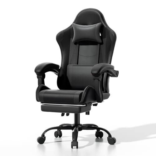 Athena Collection Ergonomic Gaming Chair with Footrest & Headrest Lumbar Support, Height Adjustable Swivel Office Chair Reclining Game Chair High Back Computer Chair for Adults, Carbon Fiber Black