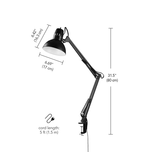 Globe Electric 56963 31.5" Multi-Joint Desk Lamp with Metal Clamp, Black, On/Off Rotary Switch on Shade, Partially Adjustable Swing Arm, Home Essentials, Reading Light, Office Décor