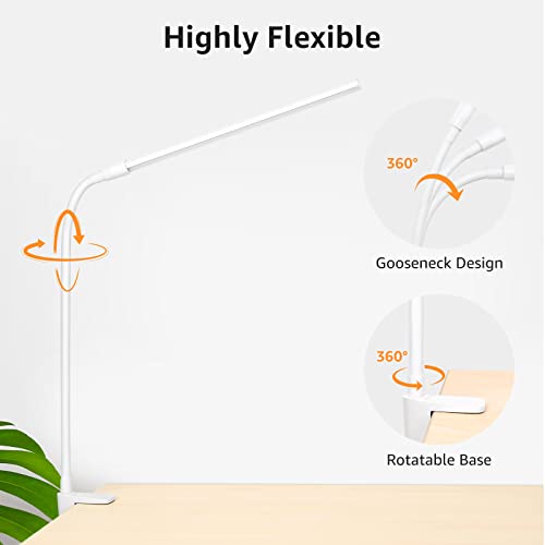 Lepro Small Desk Lamp with Clamp, LED Reading Lamps with 450LM, 3 Color Modes 10 Brightness, Dimmable USB Clip on Desk Light with Gooseneck Swing Arm for Nail, Home Office and Dorm (White)