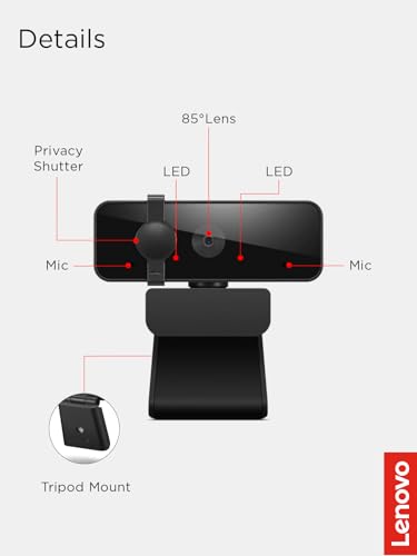 Lenovo 310 FHD Webcam, 1080p, FHD Resolution @30 FPS, Plug-and Play USB Connectivity, 1.8M Cable, 2 Integrated Microphones, External Privacy Shutter, Black