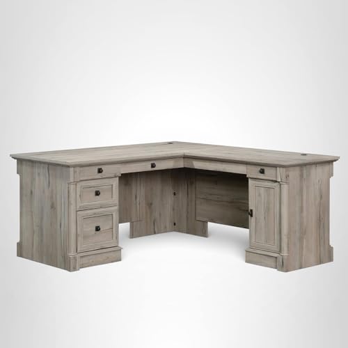 Sauder Palladia L Shaped Desk with Drawers, Office Desk with File Cabinet Storage, Cable Management, Keyboard Tray, in Split Oak finish