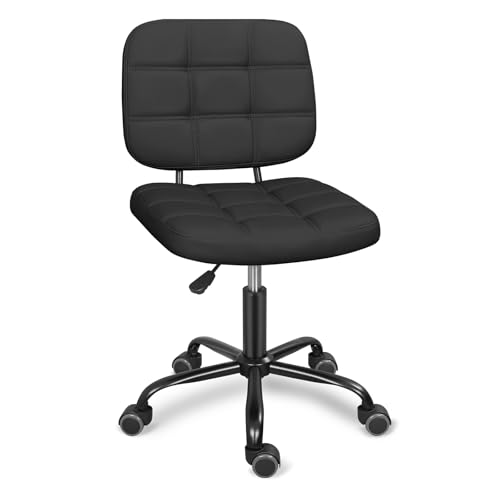 ERGOSEAT Armless Office Chair with Wheels, Small Desk Drafting Chair for Small Space, PU Leather Computer Task Chair, Height Adjustable Rolling Chair, Compact Chair for Home Office, Dorm, Vanity,Black