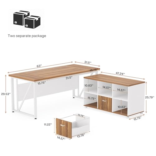 Tribesigns 63 inches Executive Desk and 47" lateral File Cabinet, L-Shaped Computer Desk Home Office Furniture Set with Drawers and Storage Shelves, Office Table with Cabinet (Walnut+White, 63)