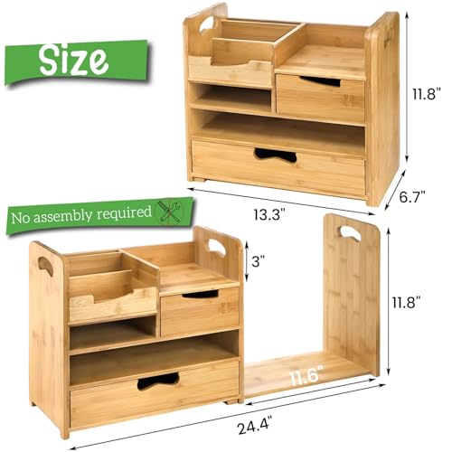 ZOOFOX Bamboo Desk Organizer with Adjustable File Holder, Mail Organizer Countertop with Drawer, 4-Tier Desktop Organization and Desk Accessories for Home Office School Supplies, No Assembly Required