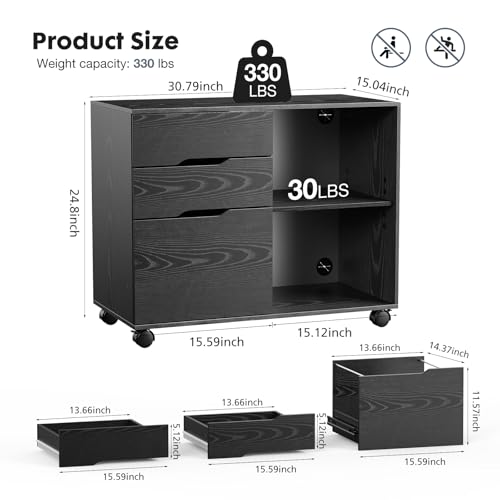 DUMOS Lateral File Cabinet with 3 Drawers Rolling Filing Cabinets Under Desk Storage Printer Stand Wood Organizer with Wheels Adjustable Shelf for Office Home Small Space, Black