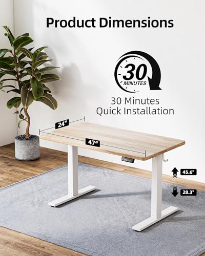 TIQLAB Electric Height Adjustable Standing Desk 47.2×23.6 inch, Sit Stand Desk with Splice Board, Memory Controller, White Frame & Maple Top Computer Workstation for Home Office