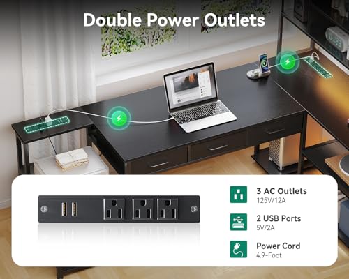 AODK 79 inch L Shaped Desk with 5 Drawers, Reversible L Shaped Gaming Desk with LED Light & 2 Power Outlets, Computer Desk with Storage Shelves for Home Office, Black