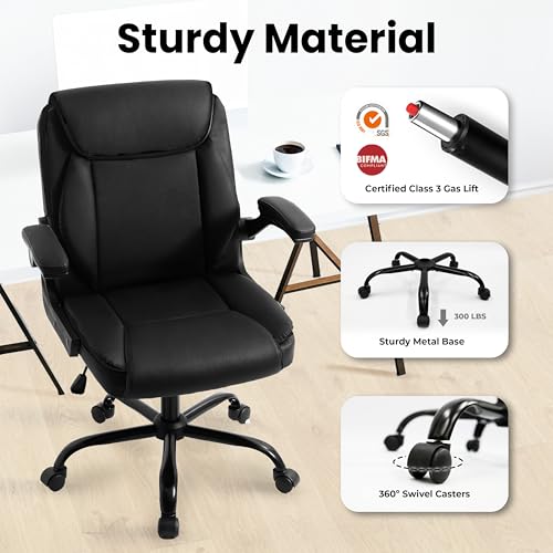 NEO CHAIR Desk Office Gaming Computer Chair Ergonomic Executive Mid-Back Leather with Adjustable Padded Flip-Up Armrests Cushion Wheels Swivel for Home Study Task (Black White)