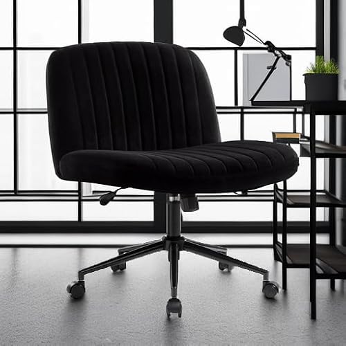 IWMH Criss Cross Chair Cross Legged Office Chair with Wheels Armless Wide Seat Desk Chairs Height Adjustable Computer Task Chairs Swivel Vanity Chair for Home Office Bedroom Make Up Small Space Black