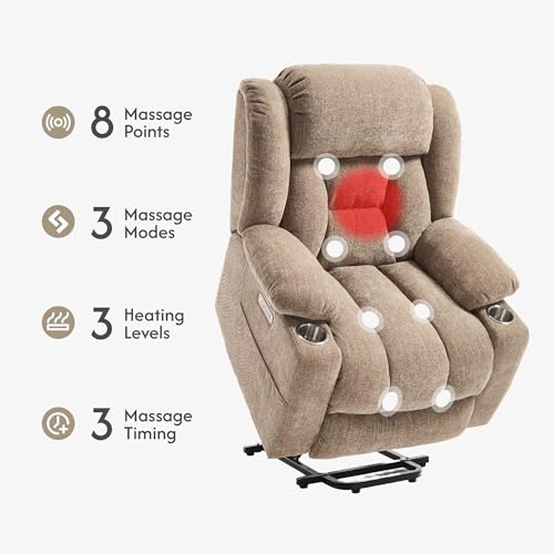 FLEXISPOT Power Lift Recliner Chair with Massage & Heat, Single Motor Lift Chair, Chenille Fabric Upholstery, USB/Type-C, Cup Holders, Side Pockets