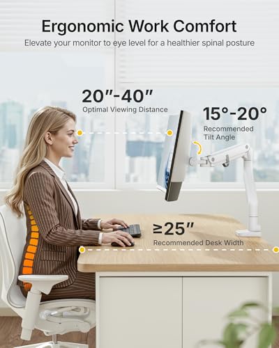 monTEK Heavy-Duty Monitor Arm for 17-57" Ultrawide Curved Screen, Supports up to 59.4 lbs, Adjustable Gas Spring Arm, 75/100 VESA Mount, Clamp & Grommet Desk Monitor Mount Single, White