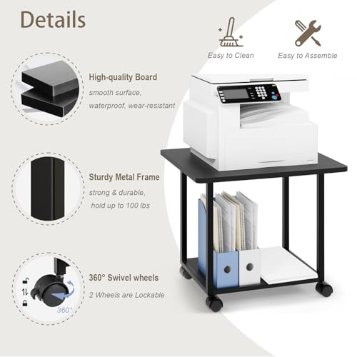 MARTY 22"x15.75" Large Under Desk Printer Stand with Storage Shelf 2-Tier Rolling Printer Cart with Wheels Printer Table for Home Office Heavy Duty Storage Rack for Scanner Fax Machine, Black
