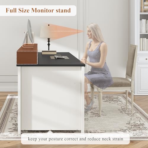 SEDETA Farmhouse 63" Executive Desk, Home Office Desk with File Drawer and Monitor Stand, Computer Desk with Drawers and Storage Cabinet, Wood Desk for Work Study Writing, White