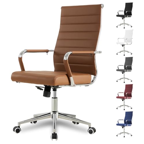 Okeysen Office Desk Chair, Ergonomic Leather Modern Conference Room Chairs, Executive Ribbed Height Adjustable Swivel Rolling Chair for Home Office. (Brown)