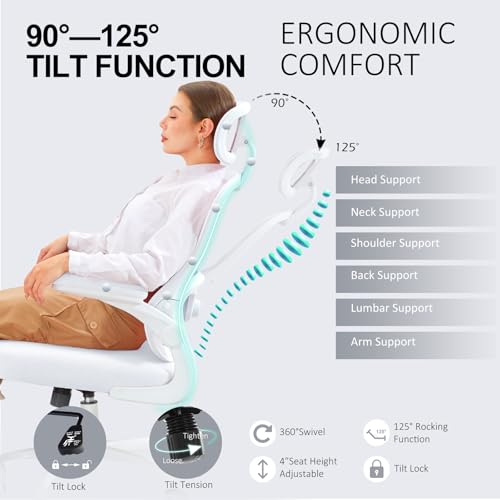 TUKAKA Ergonomic Office Chair,Ultra Thick Office Desk Chair with Adjustable Lumbar Support and Headrest,Spring Cushion,Rocking Function,Flip-up arms,Mesh Computer Chair for Home Office,White
