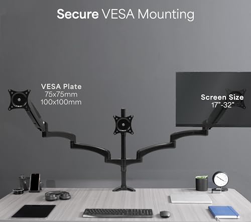 VIVO Triple Pneumatic Monitor Mount for 3 Screens up to 32 inches, Fully Adjustable, Heavy Duty Desk Stand with C-Clamp Grommet, Black, STAND-V300G